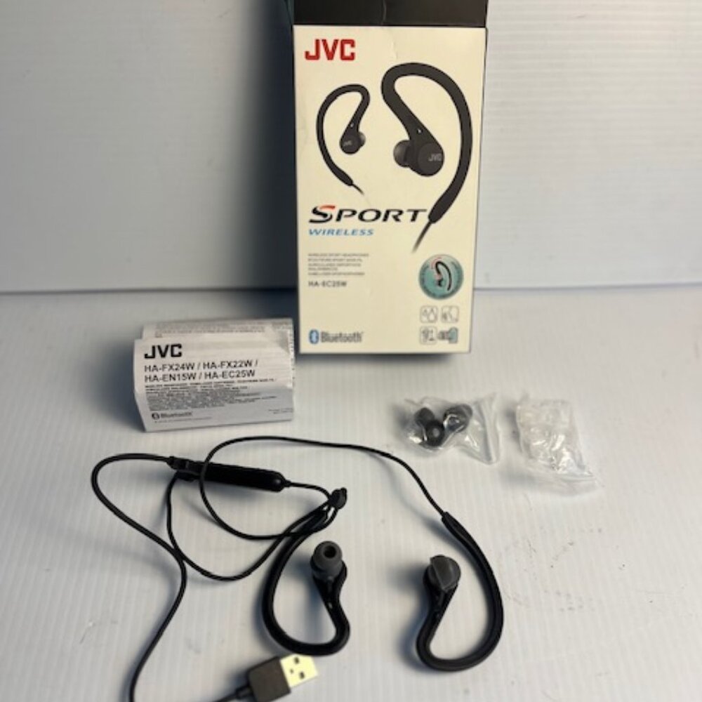 JVC HA-EC25W Bluetooth Sport wireless earphones with accessories, earbuds, etc.